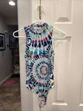 Timing Multicolor Tie-Dye Spiral Bodysuit - Blue, Teal, Pink